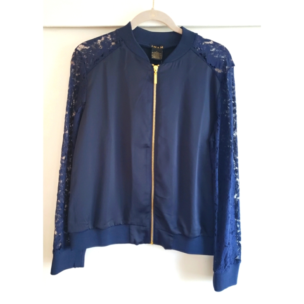 Iman global chic luxe lace bomber jacket M navy